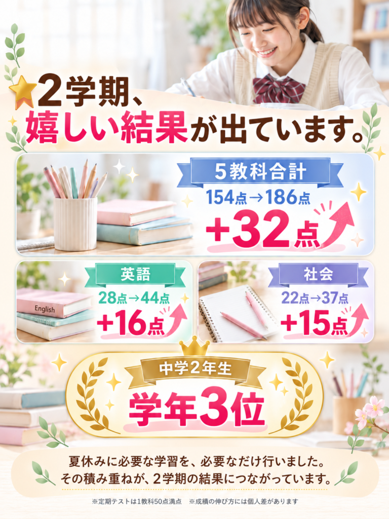 浜松市の個別指導WAM浜松校 2学期定期テスト成績向上事例 5教科154点から186点、英語28点から44点、社会22点から37点、中2学年3位